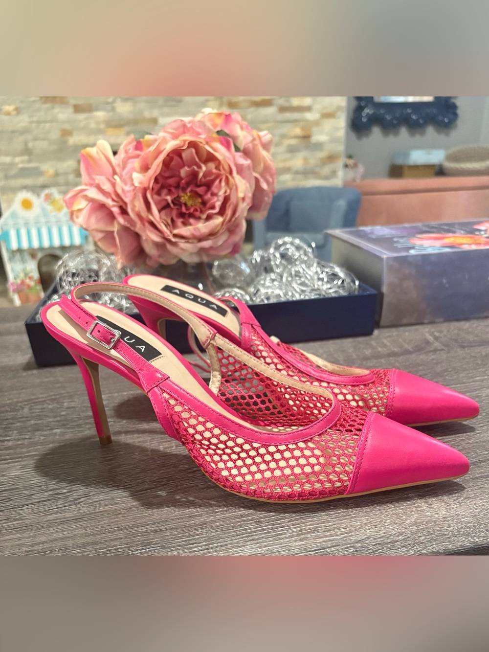 Aqua Bright Pink Mesh Pointed-Toe Slingback Heels